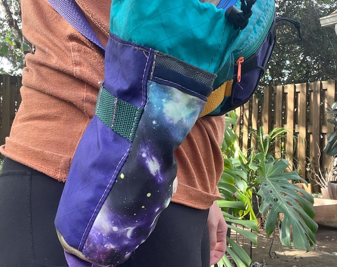 Feed and Water Pouch | Drawstring Treat Bag | Clip-On Bottle or Snack Holder | Unique Upcycled Fabric | Fits Nalgene or plastic Water Bottle