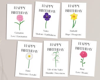 Illustrated Birth Flower Happy Birthday Card, Personalised Floral Birth Month with Meaning