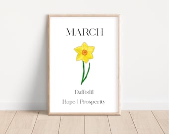 March Daffodil Birth Flower Art Print, Illustrated Floral Print, Personalised Gift