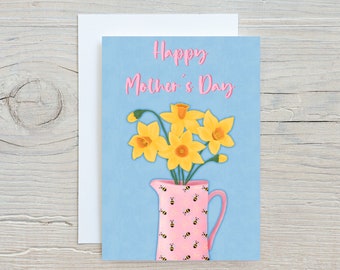 Daffodil Mother's Day Card, Spring Flowers, Bee Vase
