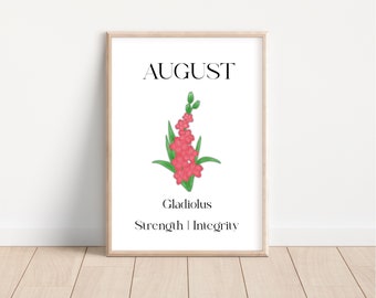 August Gladiolus Birth Flower Art Print, Illustrated Floral Print, Personalised Gift