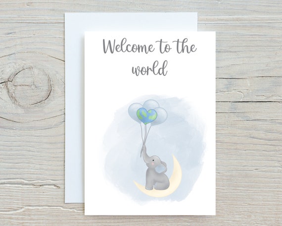 Personalised New Baby Boy Card, Blue Elephant Balloons, 'welcome To The World - View #11