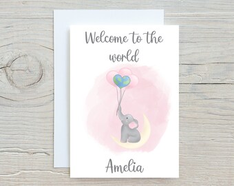 Personalised New Baby Elephant Card, Welcome To The World, New Parents Congratulations, Pink Elephant, Baby Girl Congratulations Card