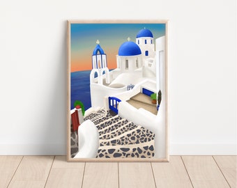 Santorini Greece Travel Print, Greek Buildings Wall Art A4, Coast Scenery Art, White and Blue Greek Island Print, Housewarming Gift