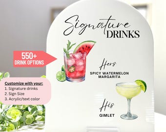 His Hers Signature Cocktails Bar Sign, Bar Menu, Acrylic Arch Wedding Bar Sign, Personalized Drink Menu CBS037