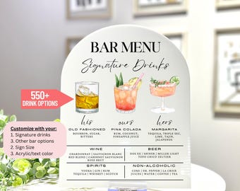 Signature Cocktails Bar Sign, Bar Menu, Acrylic Arch Wedding Bar Sign, Personalized Drink Menu CBS013.1