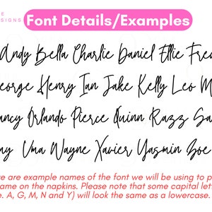 Puede incluir: Una muestra de una fuente de escritura a mano, que muestra los nombres Andy, Bella, Charlie, Daniel, Ellie, Fred, George, Henry, Ian, Jake, Kelly, Leo, Matt, Nancy, Orlando, Pierce, Quinn, Razz, Sam, Tommy, Uma, Wayne, Xavier, Yasmin y Zoe. El texto debajo de los nombres indica que algunas letras may&uacute;sculas se ver&aacute;n igual que las min&uacute;sculas.