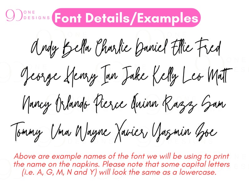 Puede incluir: Una muestra de una fuente de escritura a mano, que muestra los nombres Andy, Bella, Charlie, Daniel, Ellie, Fred, George, Henry, Ian, Jake, Kelly, Leo, Matt, Nancy, Orlando, Pierce, Quinn, Razz, Sam, Tommy, Uma, Wayne, Xavier, Yasmin y Zoe. El texto debajo de los nombres indica que algunas letras may&uacute;sculas se ver&aacute;n igual que las min&uacute;sculas.