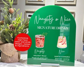 Letrero personalizado para barra de cócteles navideños - Más de 550 opciones de bebidas - Letrero acrílico personalizado para fiestas navideñas y reuniones festivas CBS028