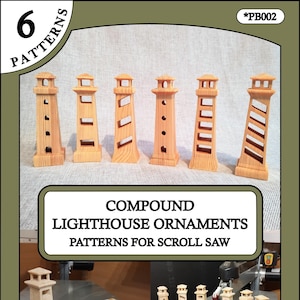 Può includere: Sei modelli di ornamento per fari in legno per seghe a scorrimento. I modelli includono una varietà di design di fari con diversi stili di finestre e tetti. I modelli sono etichettati "Componenti di fari composti" e "Modelli per seghe a scorrimento".