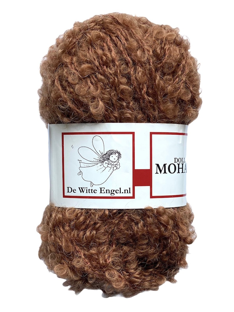 May include: A ball of brown mohair yarn with a curly texture. The yarn is wrapped with a white label featuring a fairy illustration and the text "De Witte Engel.nl" and "DOLL MOHAIR". The yarn is suitable for knitting and crochet projects.