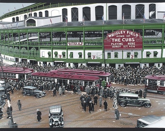 Wrigley Field by Darryl Vlasak Giclée Canvas  Art Painting Reproduction Memorabilia Chicago Cubs Vintage Baseball Stadium Gallery Wrapped