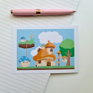 May include: A whimsical illustration of a mushroom house with a blue door and a heart-shaped window. The house is surrounded by trees, clouds, and other mushrooms with smiling faces.