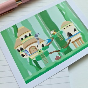 May include: A whimsical illustration of a green forest with two treehouses. One treehouse is brown with a blue roof and the other is white with a blue roof. There are three cartoon characters on the treehouses, including a blue creature, a green creature, and a monkey.