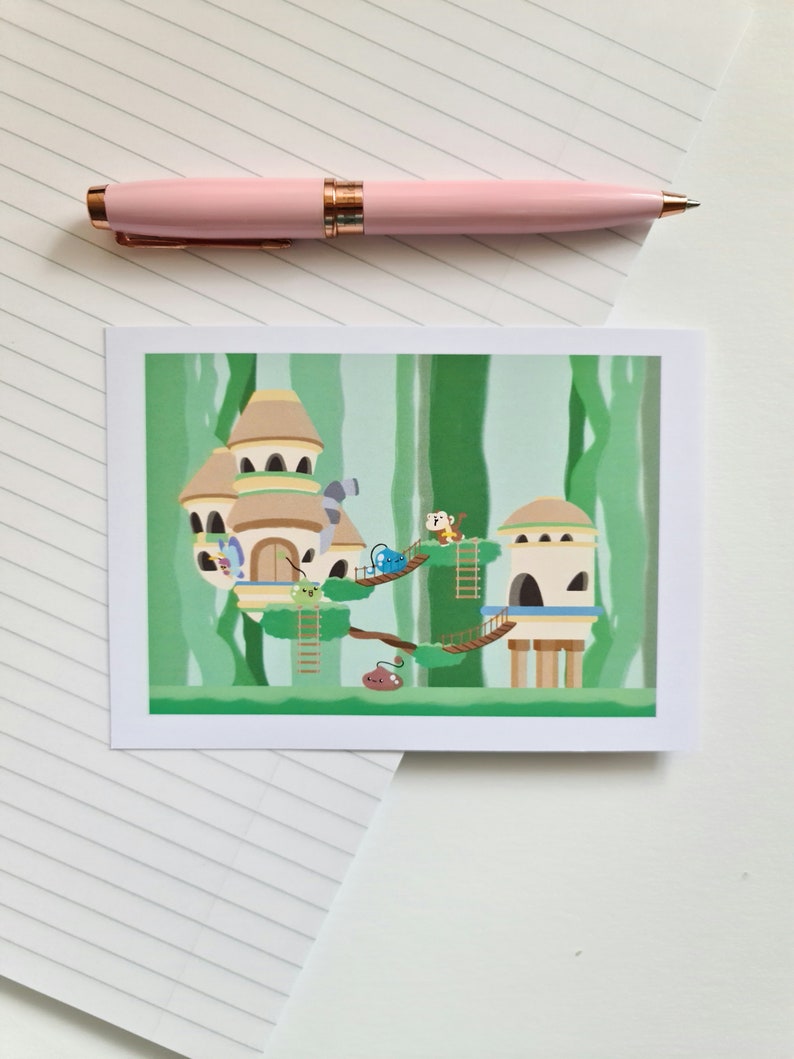May include: A digital illustration of a whimsical treehouse with a green roof, brown walls, and blue windows. The treehouse is surrounded by green trees and a blue sky. There are two small figures climbing ladders to the treehouse.