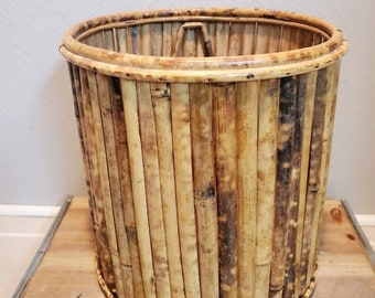 Vintage Tortoise Bamboo Wastebasket or Plant Container