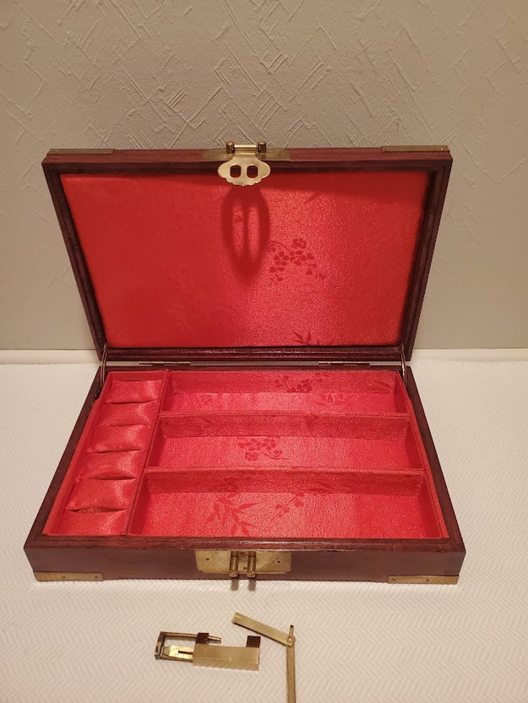 Vintage Carved Fortune Wood Jewelry Box With Brass Lock Made in Hong