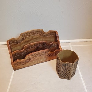 Vintage Faux Wood Desk Organizer and Pen Holder