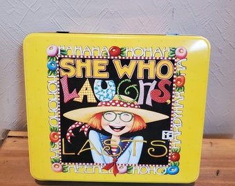 Mary Engelbreit Tin Box with Stationary " She Who Laughs"