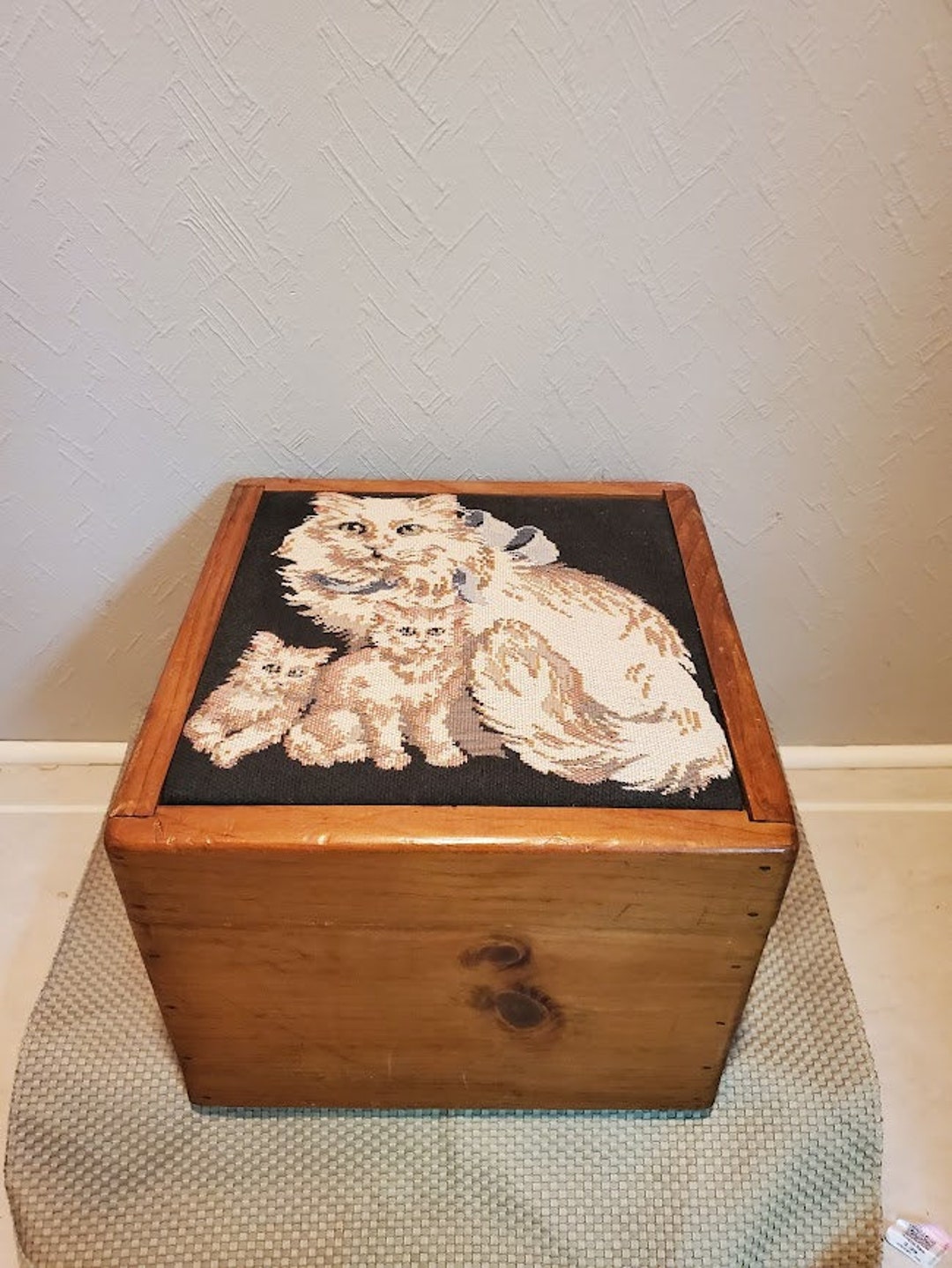 Vintage Cat Needlepoint Wooden Craft Box Sewing Box Etsy