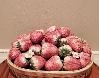 Beautiful Hand Painted Ceramic Strawberries in Basket - Made in Italy