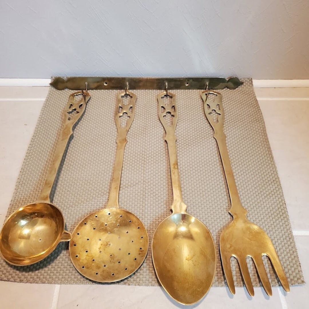 Oversized Brass Kitchen Utensils Wall Hanging Etsy
