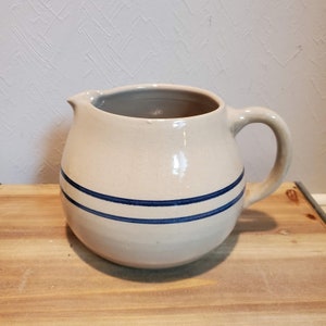 Vintage Blue Stripe Stoneware Pottery Pitcher