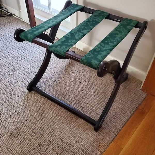 Vintage Wooden Luggage Rack with Forest Green Straps Suitcase Display