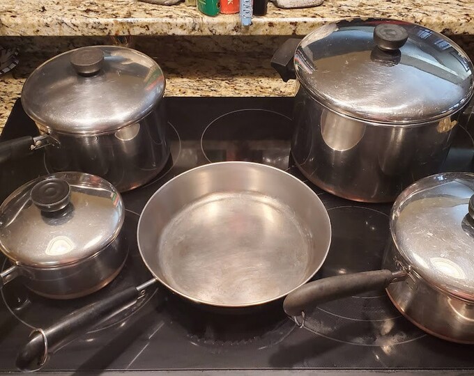 Vintage Revere Ware Pot and Pan Set With Copper Bottom Four Pots and 1