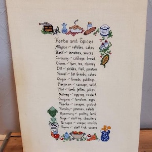 May include: Cream-colored, embroidered fabric featuring the text "Herbs and Spices" and a list of herbs with their culinary uses. The embroidery includes small, colorful illustrations of various kitchen items.