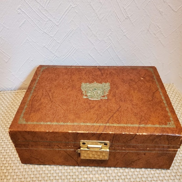 Vintage Mele Men's Brown Leatherette with Gold Tooling Jewelry Box