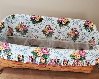 Longaberger 1996 Signed Basket with Floral Cloth Liner and Two Plastic Inserts - Like New