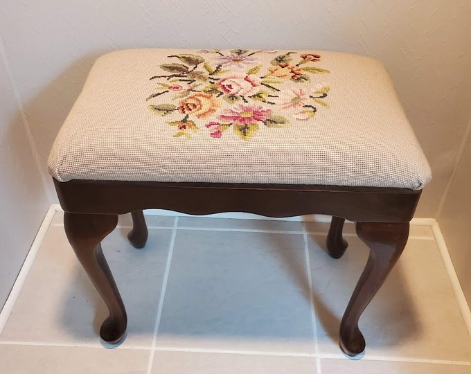 Vintage Floral Needlepoint Bench Stool Etsy