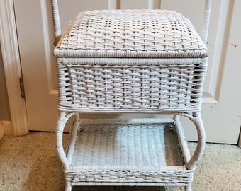 Vintage Large White Wicker Sewing Basket Storage Basket