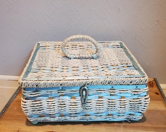 Vintage White and Blue Wicker Style Sewing Box Sewing Basket