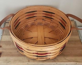 Longaberger Basket With Leather Hinged Wooden Lid and Wooden