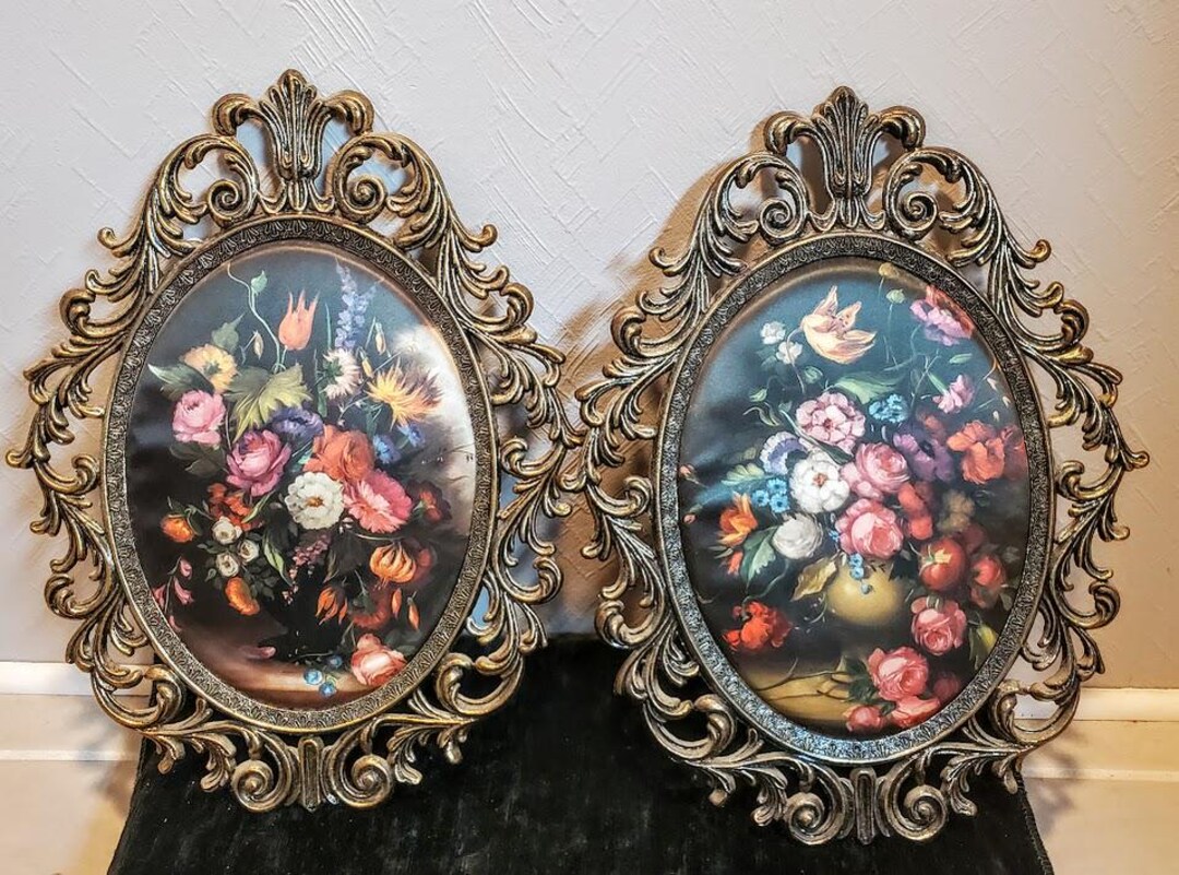 Vintage Italian Style Gold Metal Ornate Oval Floral Art Print - Set of ...