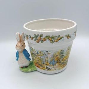 May include: A white ceramic flower pot featuring a three-dimensional Peter Rabbit figure attached to the side. The pot is decorated with a colorful garden scene illustration and a border of small fruits and leaves around the upper rim.