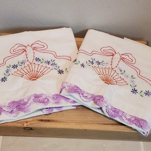 Vintage Embroidered Umbrellas/Flower Pillowcases with Purple Trim - Set of 2