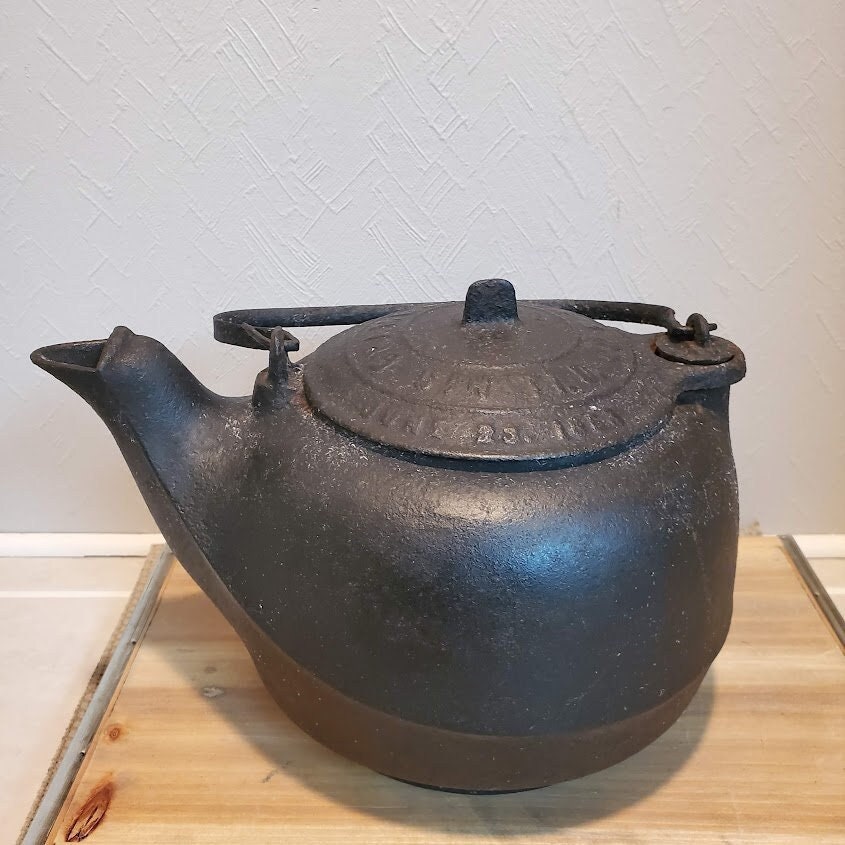 Large Antique Cast Iron Kettle Pot With Bird Spout, Swivel Lid