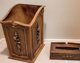 Vintage Faux Wood Waste Basket and Tissue Box Holder
