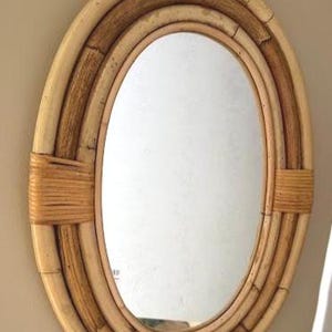Vintage Bamboo and Rattan Oval Wall Mirror