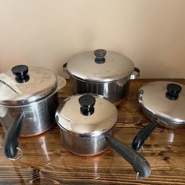 Vintage Revere Ware Copper Clad Pre-1968 Pot and Pan Set - Four Pots and Pans with 4 Lids and a Double Boiler