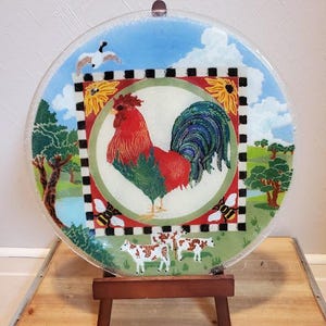 Retired Peggy Karr Fused Art Rooster Farmyard 11&quot; Glass Plate - Made in the USA