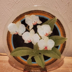Retired Peggy Karr Fused Art Orchid Glass Plate - 7.75&quot; Diameter - Made in the USA