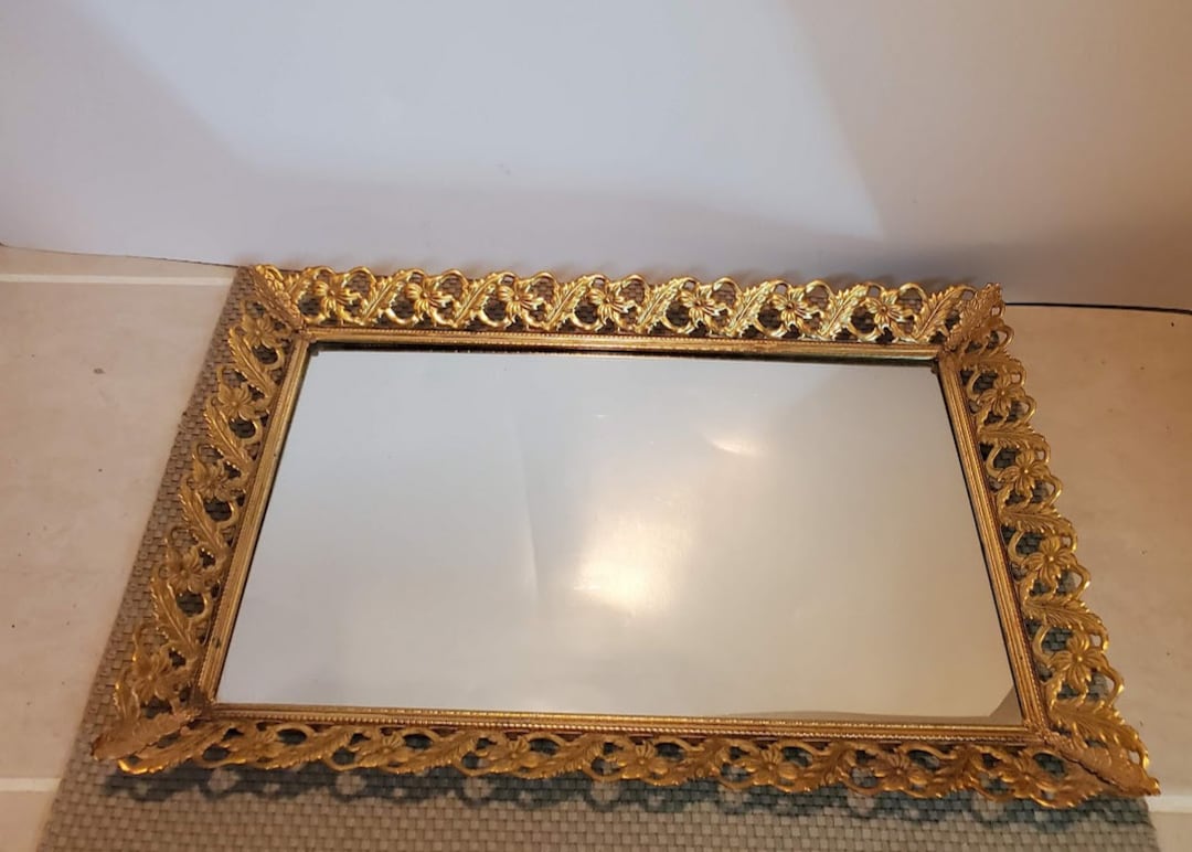 Vintage Rectangular Gold Metal Dresser Mirror Vanity Mirror Etsy