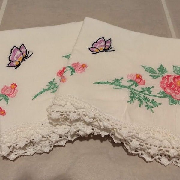 Hand Embroidered Pillowcases with Crocheted Edge - Set of 2 - Vintage