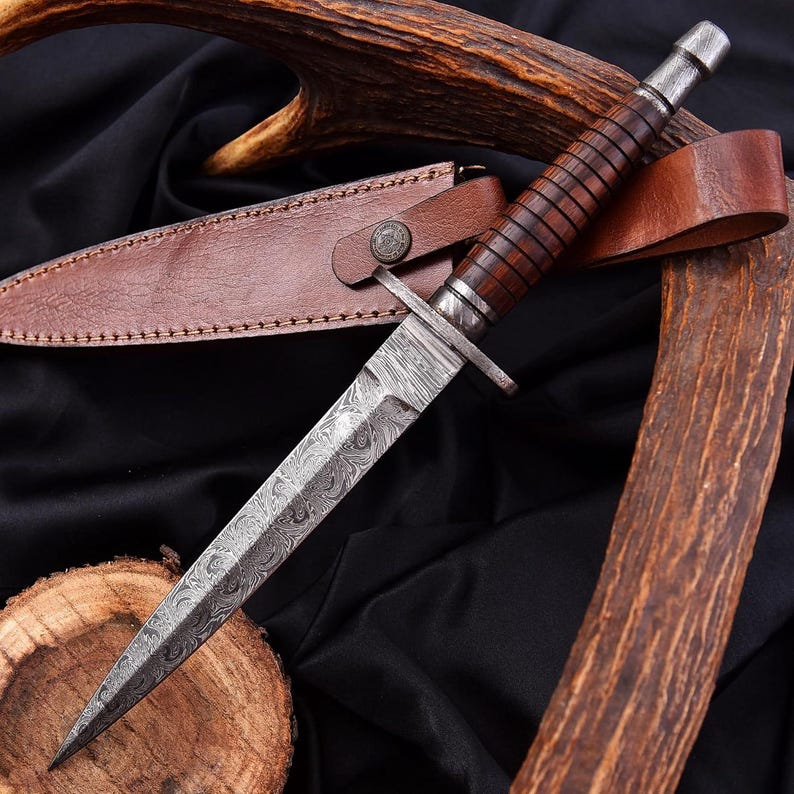 ARKANSAS Copper Damascus Dagger, Toothpick Dagger Damascus Steel Blade, anniversary gifts, Medieval dagger, boyfriend Gift, commando Dagger DWG 01