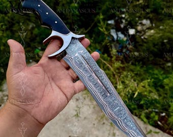 3 Line Copper Damascus Bowie Knife | Handmade Hunting Knife, Custom Damascus Steel Bowie, anniversary gifts, Medieval Bowie, boyfriend Gift.
