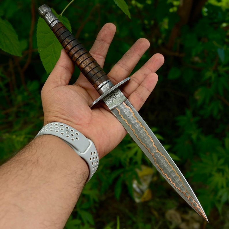 ARKANSAS Copper Damascus Dagger, Toothpick Dagger Damascus Steel Blade, anniversary gifts, Medieval dagger, boyfriend Gift, commando Dagger DWG 03